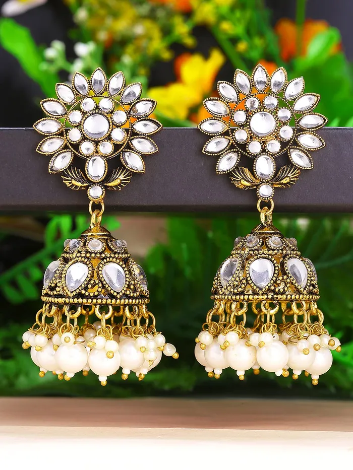 Yellow Chimes Rings Yellow Chimes Ethnic Gold Plated Flower Design Traditional Stone Studded White Beads Jhumka Earrings for Women and Girls Medium YCTJER87STLFJHGL