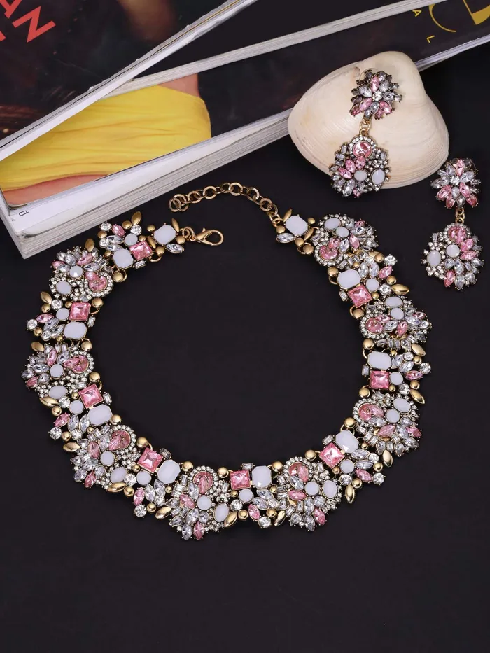 Yellow Chimes Rings Yellow Chimes Exclusive Sparkling Pink Crystals Studded Designer Choker Necklace set with Earrings for Women and Girls Pink