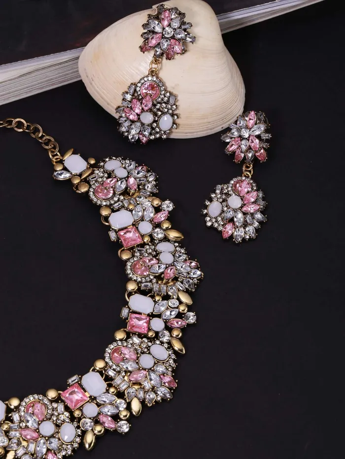 Yellow Chimes Rings Yellow Chimes Exclusive Sparkling Pink Crystals Studded Designer Choker Necklace set with Earrings for Women and Girls Pink