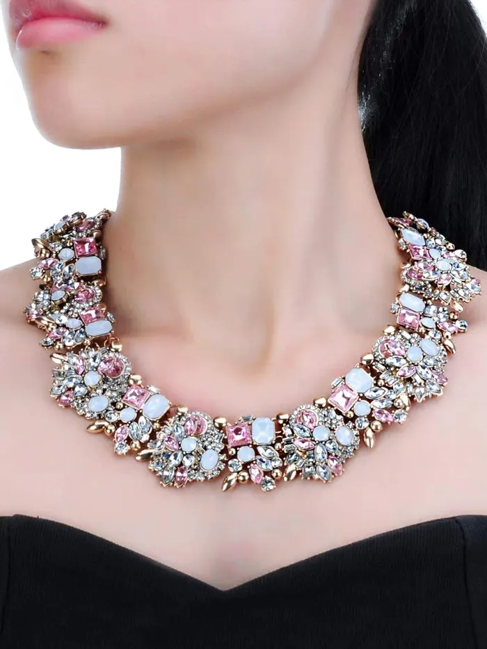 Yellow Chimes Rings Yellow Chimes Exclusive Sparkling Pink Crystals Studded Designer Choker Necklace set with Earrings for Women and Girls Pink