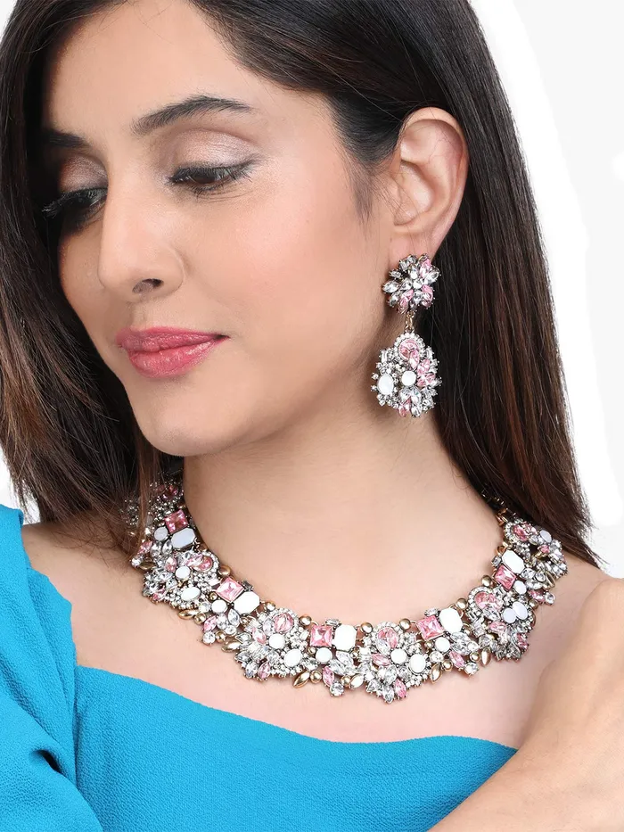 Yellow Chimes Rings Yellow Chimes Exclusive Sparkling Pink Crystals Studded Designer Choker Necklace set with Earrings for Women and Girls Pink