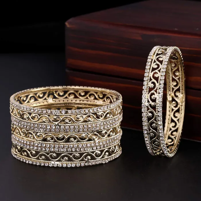 Yellow Chimes Rings Yellow Chimes Gold Plated Crystal Studded Designer Traditional 4 Pcs Bangles Set for Women and Girls 28