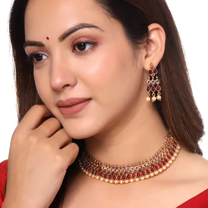 Yellow Chimes Rings Yellow Chimes Jewellery Set for Women and Girls Crystal Jewellery Set for Women Gold Plated Pink Stone Choker Necklace Set Birthday Gift for girls and women Anniversary Gift for Wife