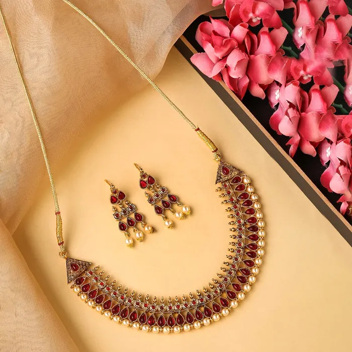 Yellow Chimes Rings Yellow Chimes Jewellery Set for Women and Girls Crystal Jewellery Set for Women Gold Plated Pink Stone Choker Necklace Set Birthday Gift for girls and women Anniversary Gift for Wife