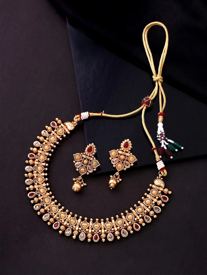 Yellow Chimes Rings Yellow Chimes Jewellery Set for Women Gold Toned Crystal Studded Choker Necklace Set with Earrings for Women and Girls
