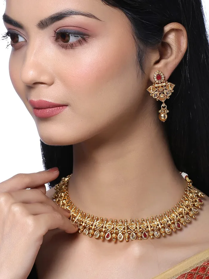 Yellow Chimes Rings Yellow Chimes Jewellery Set for Women Gold Toned Crystal Studded Choker Necklace Set with Earrings for Women and Girls
