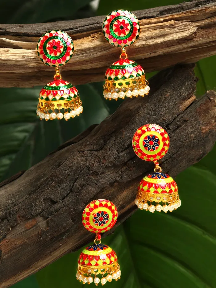 Yellow Chimes Rings Yellow Chimes Meenakari Jumka Earrings with Ethnic Design Gold Plated Traditional Beads Combo of 2 pair for Women and Girls