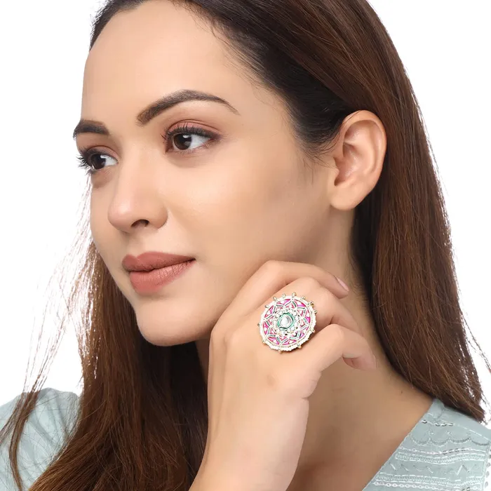 Yellow Chimes Rings Yellow Chimes Rings for Women 3 Pcs Set of Adjustable Kundan Studded Rings for Women and Girls