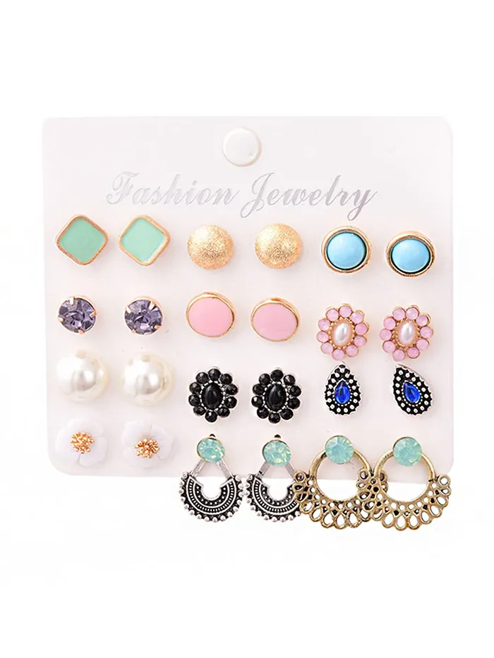 Yellow Chimes Rings Yellow Chimes Stud Earrings for Women Set of 12 Pairs Multicolor Stones Colourful Combo Stud Earrings For Women and Girls