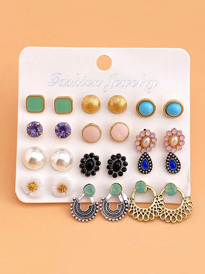 Yellow Chimes Rings Yellow Chimes Stud Earrings for Women Set of 12 Pairs Multicolor Stones Colourful Combo Stud Earrings For Women and Girls