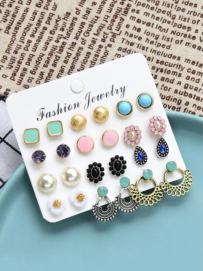 Yellow Chimes Rings Yellow Chimes Stud Earrings for Women Set of 12 Pairs Multicolor Stones Colourful Combo Stud Earrings For Women and Girls