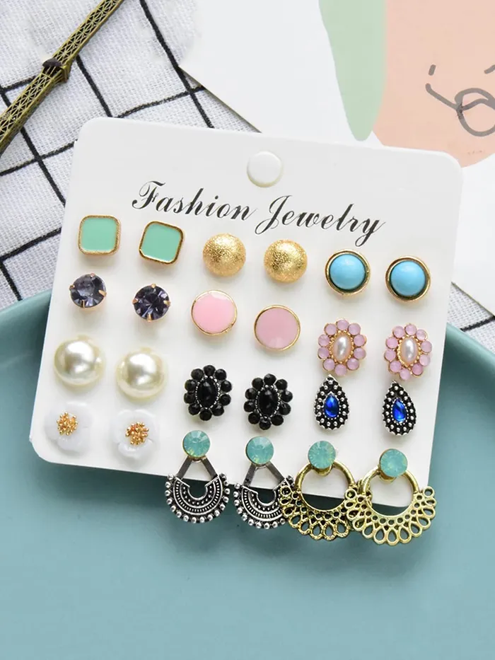 Yellow Chimes Rings Yellow Chimes Stud Earrings for Women Set of 12 Pairs Multicolor Stones Colourful Combo Stud Earrings For Women and Girls