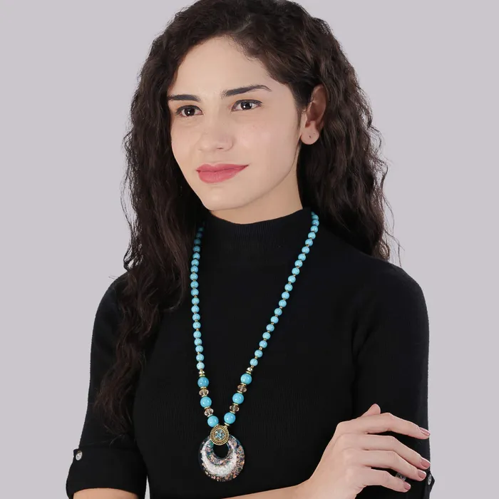Yellow Chimes Rings Yellow Chimes Stylish and Trandy Handmade Turquoise Beads Crystal Classic Design Long Chain Pendant Necklace for Women and Girls
