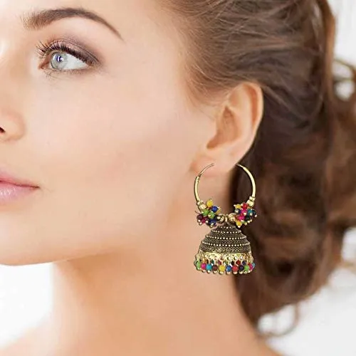 Yellow Chimes Stylish Classic Design Oxidized Gold Plated Traditional Beads Hoops Jhumka Jhumki Bali Earrings for Women and Girls Yellow Chimes Necklaces