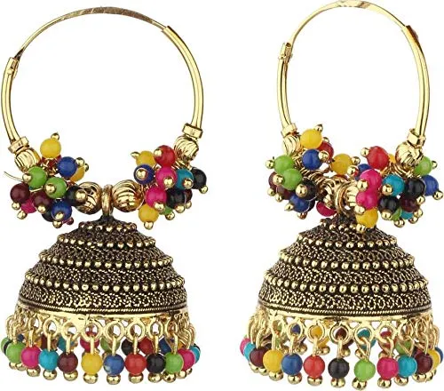Yellow Chimes Stylish Classic Design Oxidized Gold Plated Traditional Beads Hoops Jhumka Jhumki Bali Earrings for Women and Girls Yellow Chimes Necklaces
