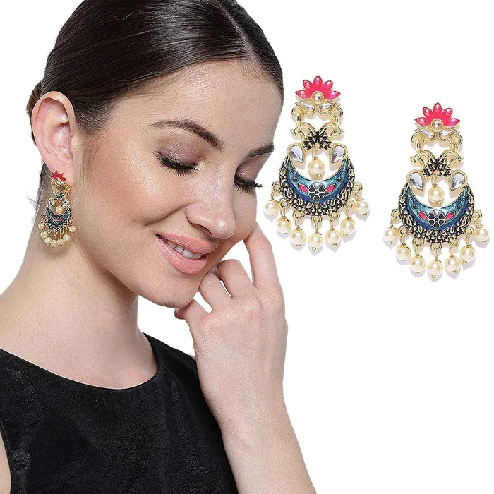 Yellow Chimes Stylish Meenakari Hand Crafted Traditional Gold Plated and Pearl Chand Bali Earrings for Women Blue Pink YCTJERKLNGBL Yellow Chimes Earrings