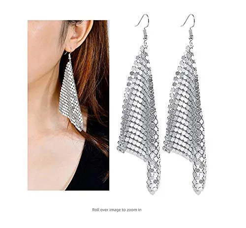 Yellow Chimes Tassel Earrings for Women Metallic Mesh Grid Sequins Silver Tassel Long Drop Earrings Women and Girls Yellow Chimes Earrings