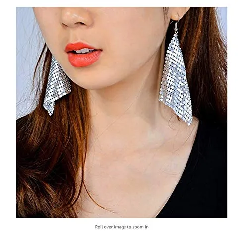 Yellow Chimes Tassel Earrings for Women Metallic Mesh Grid Sequins Silver Tassel Long Drop Earrings Women and Girls Yellow Chimes Earrings