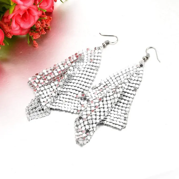 Yellow Chimes Tassel Earrings for Women Metallic Mesh Grid Sequins Silver Tassel Long Drop Earrings Women and Girls Yellow Chimes Earrings