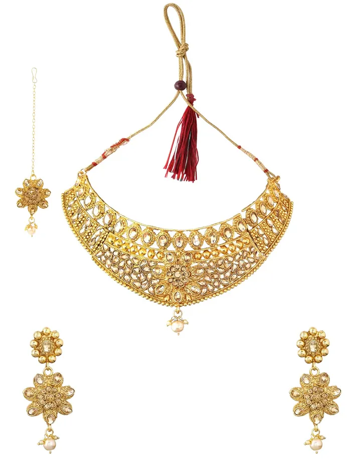 Yellow Chimes Traditional Jewellery Set for Women GoldPlated Kundan Floral Choker Necklace Set With Maangtikka For Women and Girls Yellow Chimes Earrings