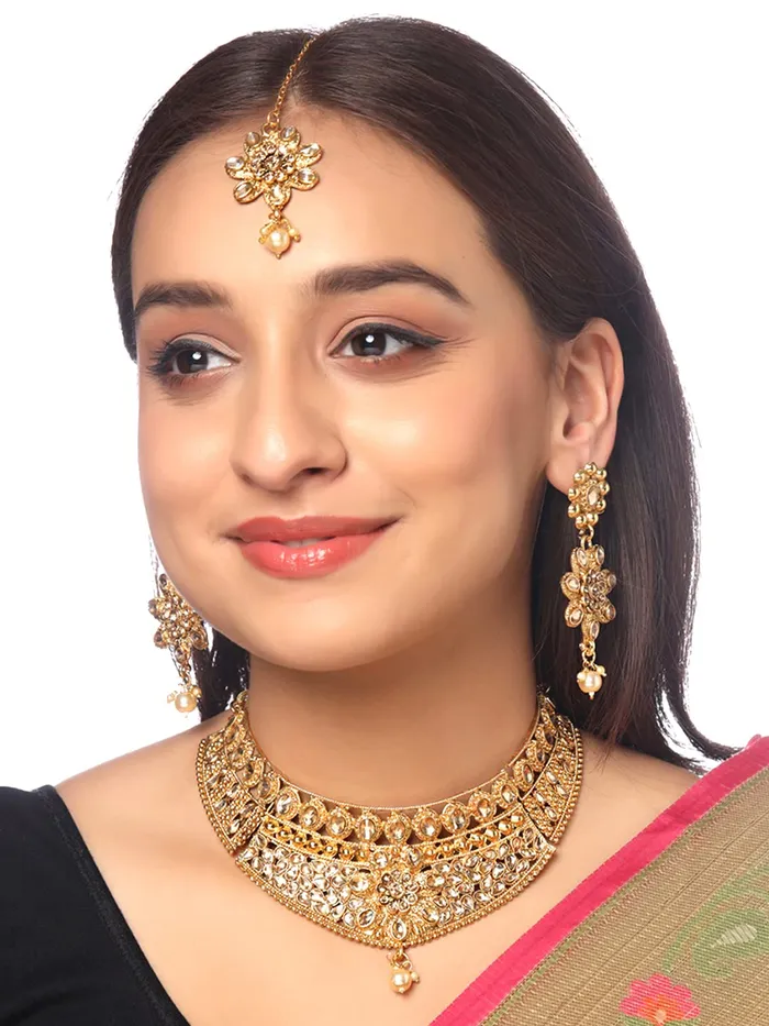 Yellow Chimes Traditional Jewellery Set for Women GoldPlated Kundan Floral Choker Necklace Set With Maangtikka For Women and Girls Yellow Chimes Earrings