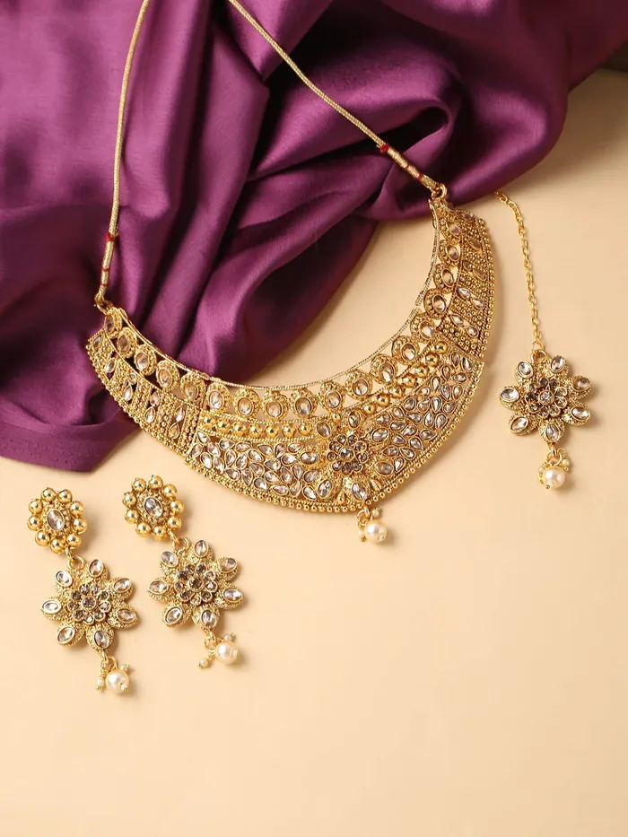 Yellow Chimes Traditional Jewellery Set for Women GoldPlated Kundan Floral Choker Necklace Set With Maangtikka For Women and Girls Yellow Chimes Earrings