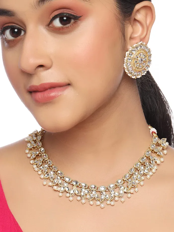 Yellow Chimes traditional necklace set for woman GoldPlated Kundan Choker Necklace Set Traditional KundanStudded Beaded Necklace Set For Women Girls Yellow Chimes Necklaces