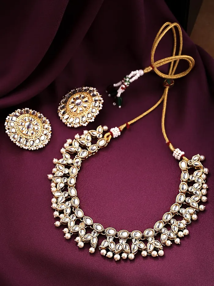 Yellow Chimes traditional necklace set for woman GoldPlated Kundan Choker Necklace Set Traditional KundanStudded Beaded Necklace Set For Women Girls Yellow Chimes Necklaces