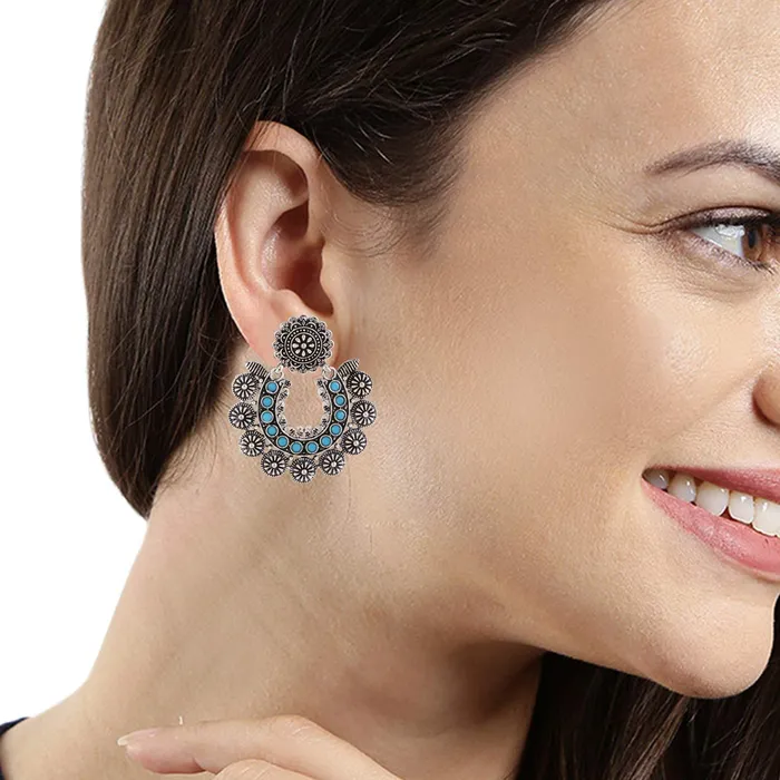 Yellow Chimes Turquoise Touch German Oxidised Silver Traditional Chand Bali Earrings for Women and Girls Yellow Chimes Earrings