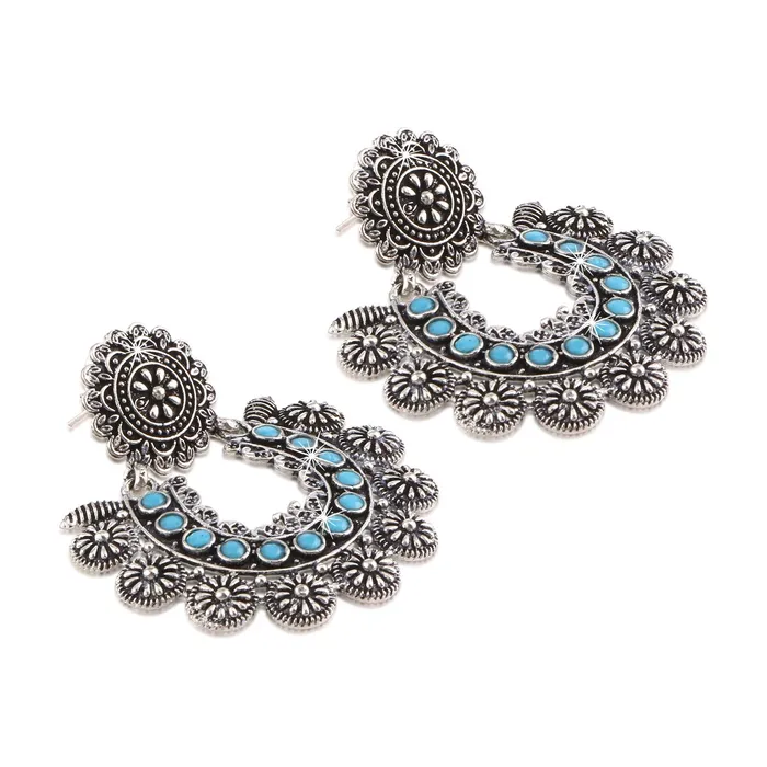 Yellow Chimes Turquoise Touch German Oxidised Silver Traditional Chand Bali Earrings for Women and Girls Yellow Chimes Earrings