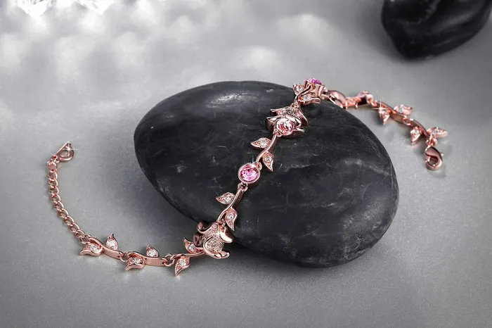 Yellow Chimes Valentine Gift for Girls Bracelet for Women Girls A5 High Grade Pink Crystal Bracelets for Women Floral Shaped Rose Gold Plated Bracelet for Women Birthday Gift for Girls Yellow Chimes Earrings
