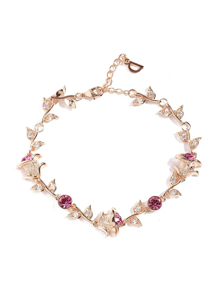 Yellow Chimes Valentine Gift for Girls Bracelet for Women Girls A5 High Grade Pink Crystal Bracelets for Women Floral Shaped Rose Gold Plated Bracelet for Women Birthday Gift for Girls Yellow Chimes Earrings
