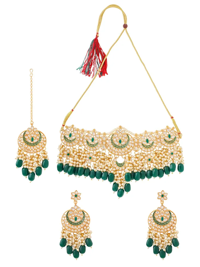 Yellow Chimes Wedding Jewellery Set Gold Plated Kundan Choker with Green Beads Perfect for Anniversaries GoldGreen Necklaces Yellow Chimes Wedding Jewellery Set Gold Plated Kundan Choker with Green Beads Perfect for Anniversaries GoldGreen Necklaces