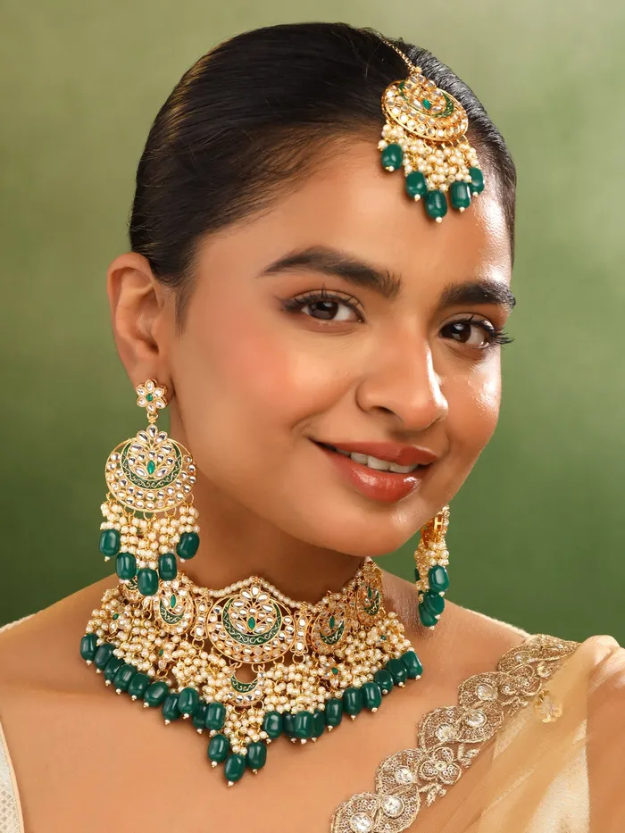 Yellow Chimes Wedding Jewellery Set Gold Plated Kundan Choker with Green Beads Perfect for Anniversaries GoldGreen Necklaces