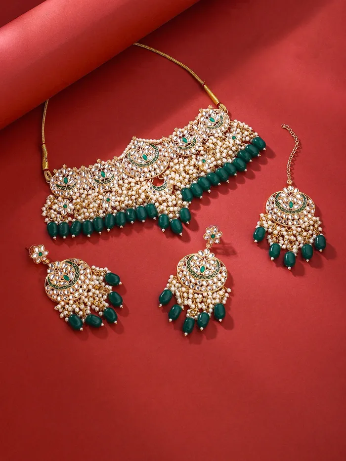 Yellow Chimes Wedding Jewellery Set Gold Plated Kundan Choker with Green Beads Perfect for Anniversaries GoldGreen Necklaces