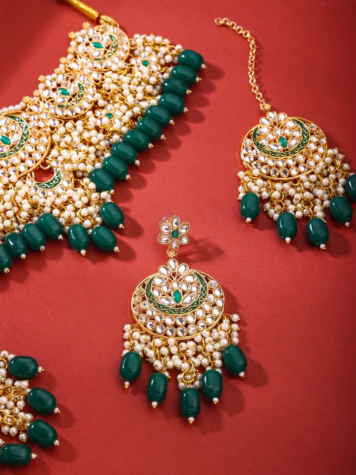 Yellow Chimes Wedding Jewellery Set Gold Plated Kundan Choker with Green Beads Perfect for Anniversaries GoldGreen Necklaces
