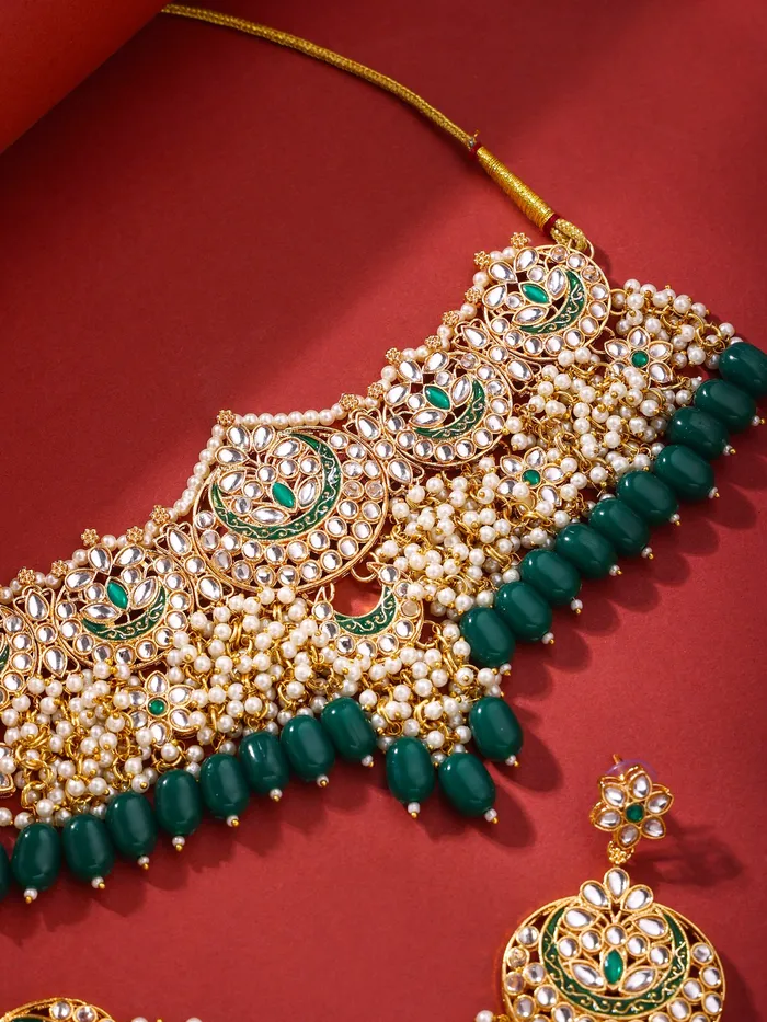 Yellow Chimes Wedding Jewellery Set Gold Plated Kundan Choker with Green Beads Perfect for Anniversaries GoldGreen Necklaces