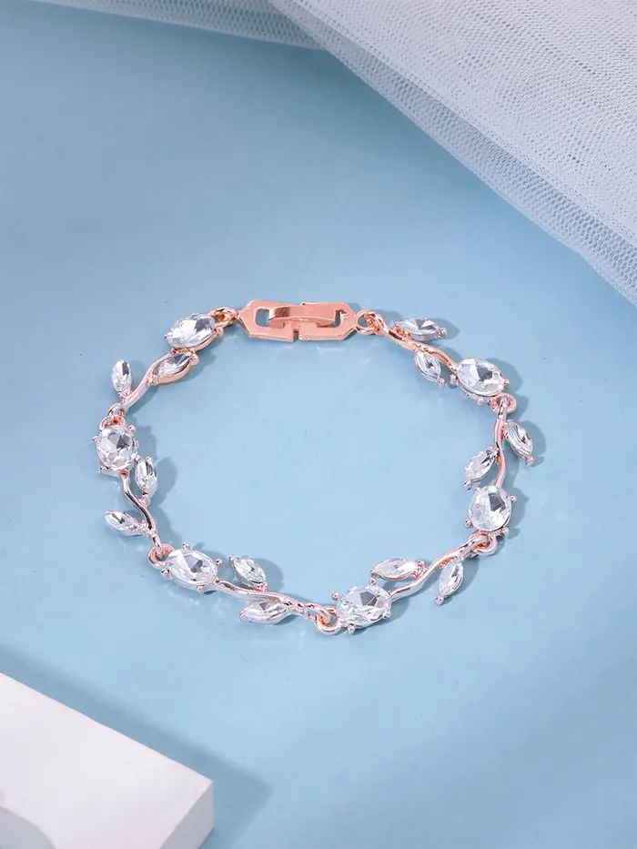 Yellow Chimes Women Crystal Bracelets Rose Leaf Shaped Rose Gold Plated Bracelets White CZ Crystals Bracelet For Woman Birthday Gift for Girls Women Anniversary Gift for Wife Yellow Chimes Rings