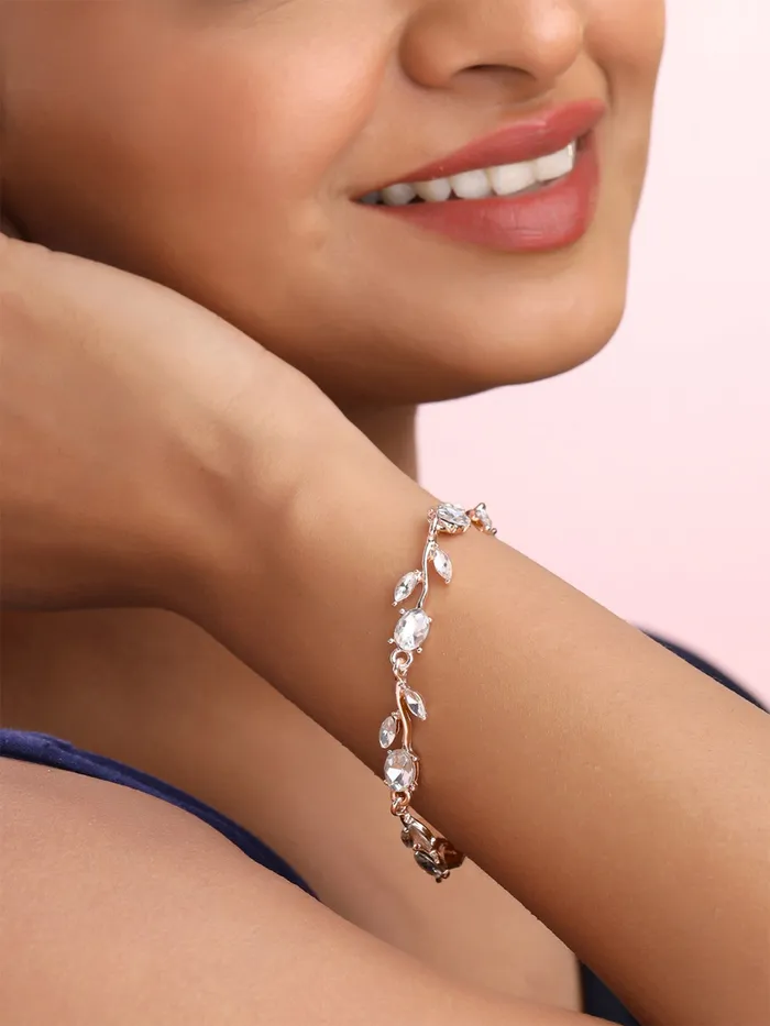 Yellow Chimes Women Crystal Bracelets Rose Leaf Shaped Rose Gold Plated Bracelets White CZ Crystals Bracelet For Woman Birthday Gift for Girls Women Anniversary Gift for Wife Yellow Chimes Rings
