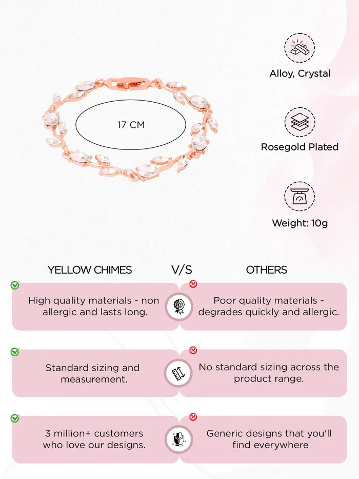 Yellow Chimes Women Crystal Bracelets Rose Leaf Shaped Rose Gold Plated Bracelets White CZ Crystals Bracelet For Woman Birthday Gift for Girls Women Anniversary Gift for Wife Yellow Chimes Rings