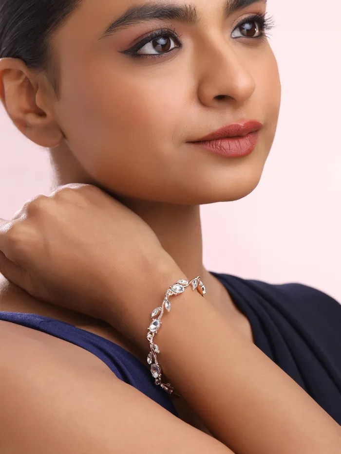 Yellow Chimes Women Crystal Bracelets Rose Leaf Shaped Rose Gold Plated Bracelets White CZ Crystals Bracelet For Woman Birthday Gift for Girls Women Anniversary Gift for Wife Yellow Chimes Rings