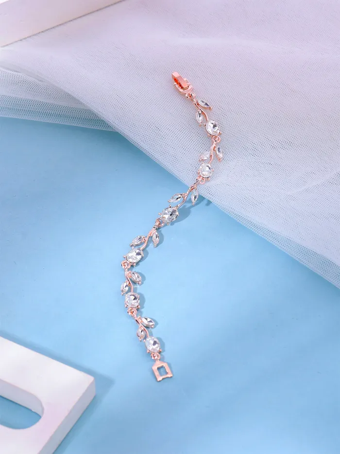 Yellow Chimes Women Crystal Bracelets Rose Leaf Shaped Rose Gold Plated Bracelets White CZ Crystals Bracelet For Woman Birthday Gift for Girls Women Anniversary Gift for Wife Yellow Chimes Rings