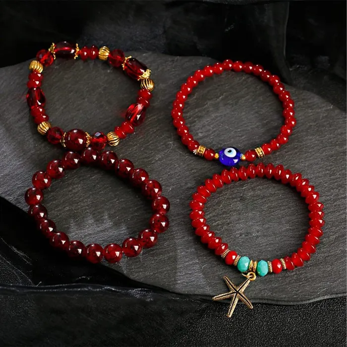 Yellow Chimes Yellow Chimes Bracelet for Women and Girls Evil Eye Nazariya Bracelets for Women 4 Pcs Red Beads Layered Bracelet Birthday Gift For girls and women Anniversary Gift for Wife Earrings