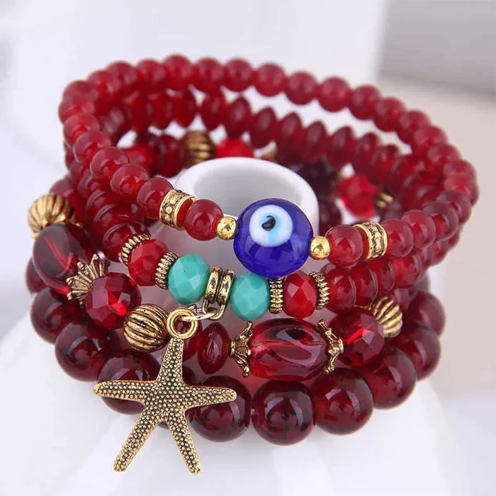 Yellow Chimes Yellow Chimes Bracelet for Women and Girls Evil Eye Nazariya Bracelets for Women 4 Pcs Red Beads Layered Bracelet Birthday Gift For girls and women Anniversary Gift for Wife Earrings