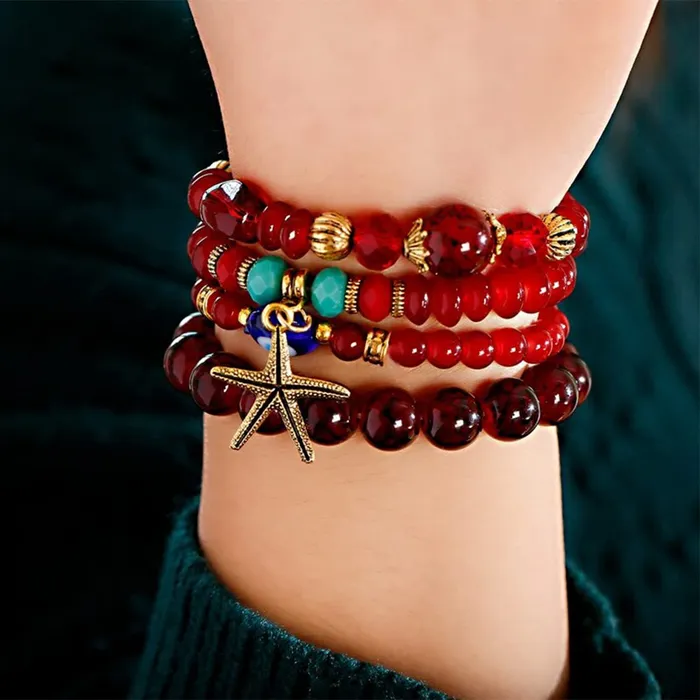 Yellow Chimes Yellow Chimes Bracelet for Women and Girls Evil Eye Nazariya Bracelets for Women 4 Pcs Red Beads Layered Bracelet Birthday Gift For girls and women Anniversary Gift for Wife Earrings