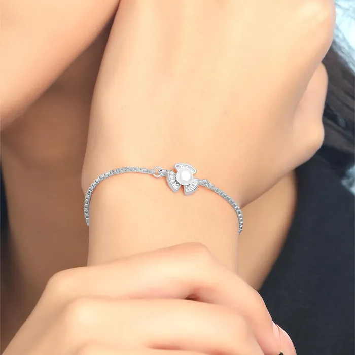 Yellow Chimes Yellow Chimes Bracelet for Women Girls Fashion White Pearl Bracelets for Women Silver Plated Floral Chain Bracelet Birthday Gift For Girls Women Anniversary Gift for Wife Earrings