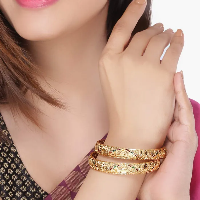 Yellow Chimes Yellow Chimes Ethnic Look Gold Plated Designer Traditional 2 Pcs Bangles Set for Women and Girls 28 Earrings