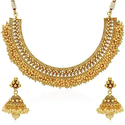 Yellow Chimes Yellow Chimes Exclusive Gold Plated Studded Pearl Antique Look Ethnic Traditional Choker Necklace Set with JhumkiJhumka Earrings Jewellery Set for Women and Girls Earrings Yellow Chimes Yellow Chimes Exclusive Gold Plated Studded Pearl Antique Look Ethnic Traditional Choker Necklace Set with JhumkiJhumka Earrings Jewellery Set for Women and Girls Earrings