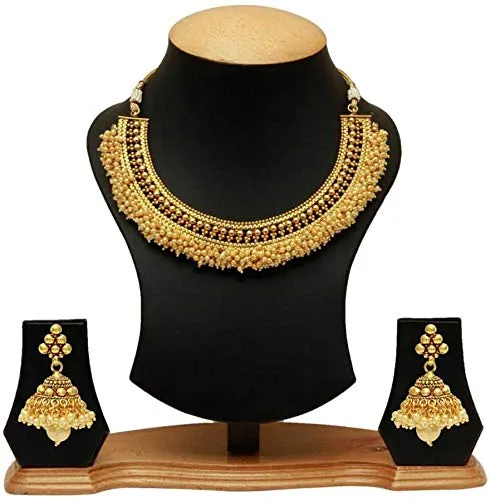 Yellow Chimes Yellow Chimes Exclusive Gold Plated Studded Pearl Antique Look Ethnic Traditional Choker Necklace Set with JhumkiJhumka Earrings Jewellery Set for Women and Girls Earrings