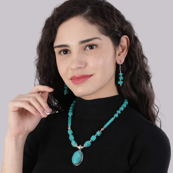 Yellow Chimes Yellow Chimes German Oxidized Silver Ethnic Green Turquoise Quartz Beads Beautiful Handmade Designer Necklace Set with Earrings Jewellery Set for Women and Girls Green Earrings